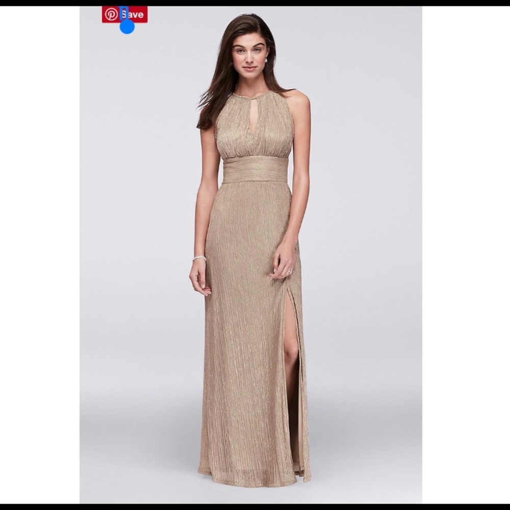 David’s Bridal Gold Keyhole Halter A-Line Dress